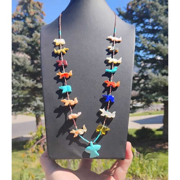 Vtg Native  Zuni Hand Carved Fetish Animal Necklace Turquoise Thunderbird 28" - Picture 1 of 14
